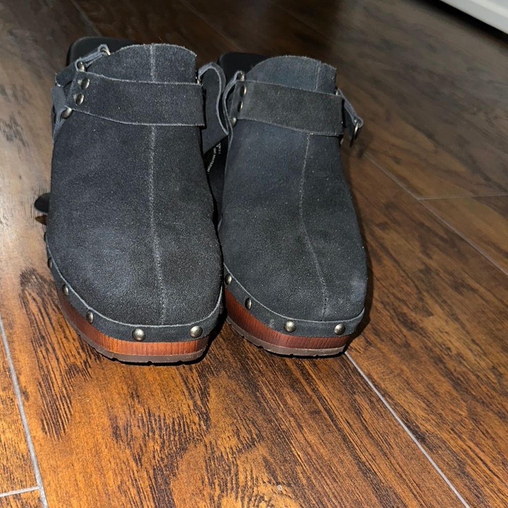 Kork Suede Distressed Studded Platform Black Wood Effect Heeled Mules & Clogs 10 - Picture 9 of 9